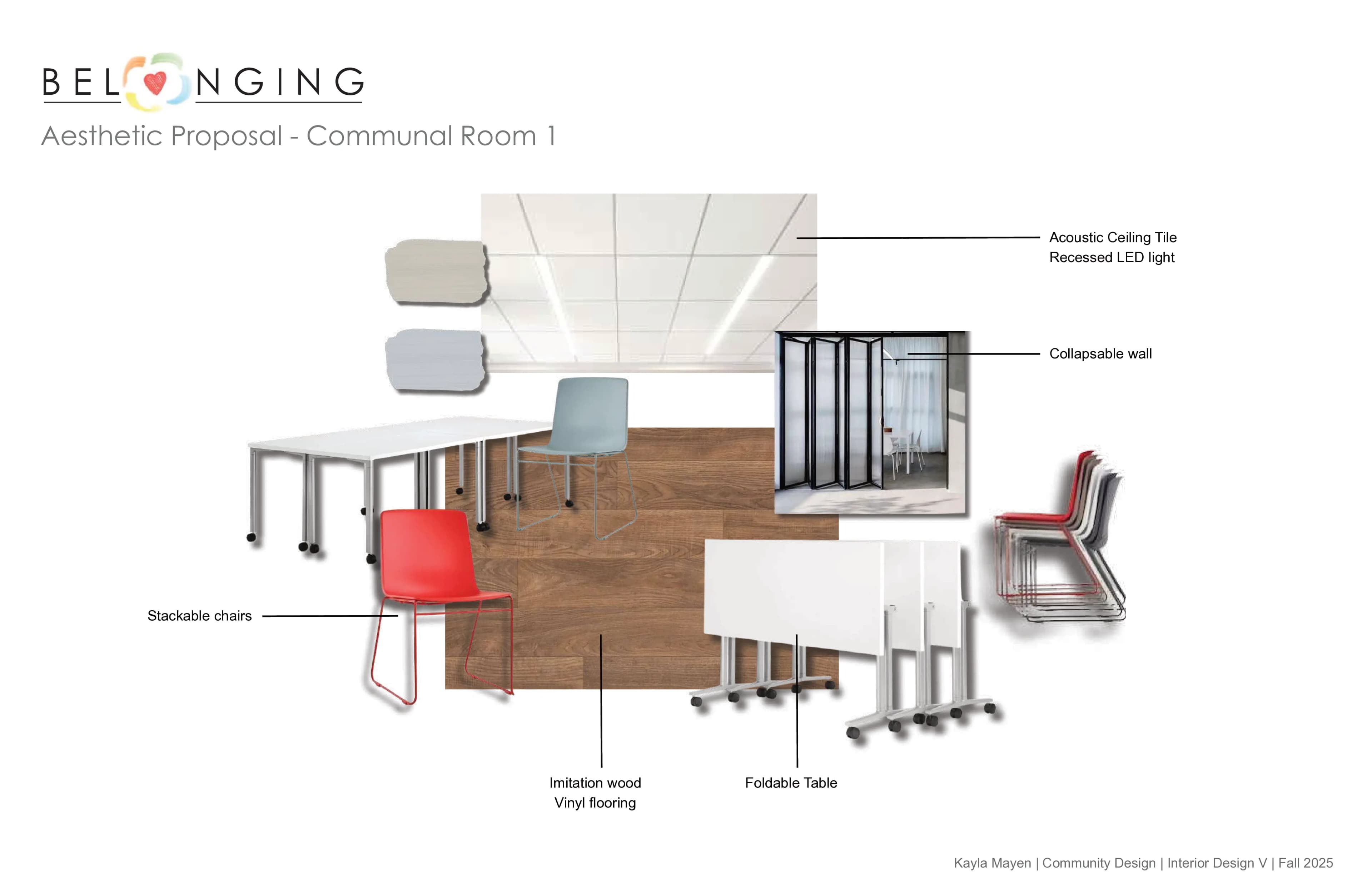 Aesthetic proposal mood board for communal room 1 with collapsible wall, stackable chairs, foldable tables and wood vinyl flooring