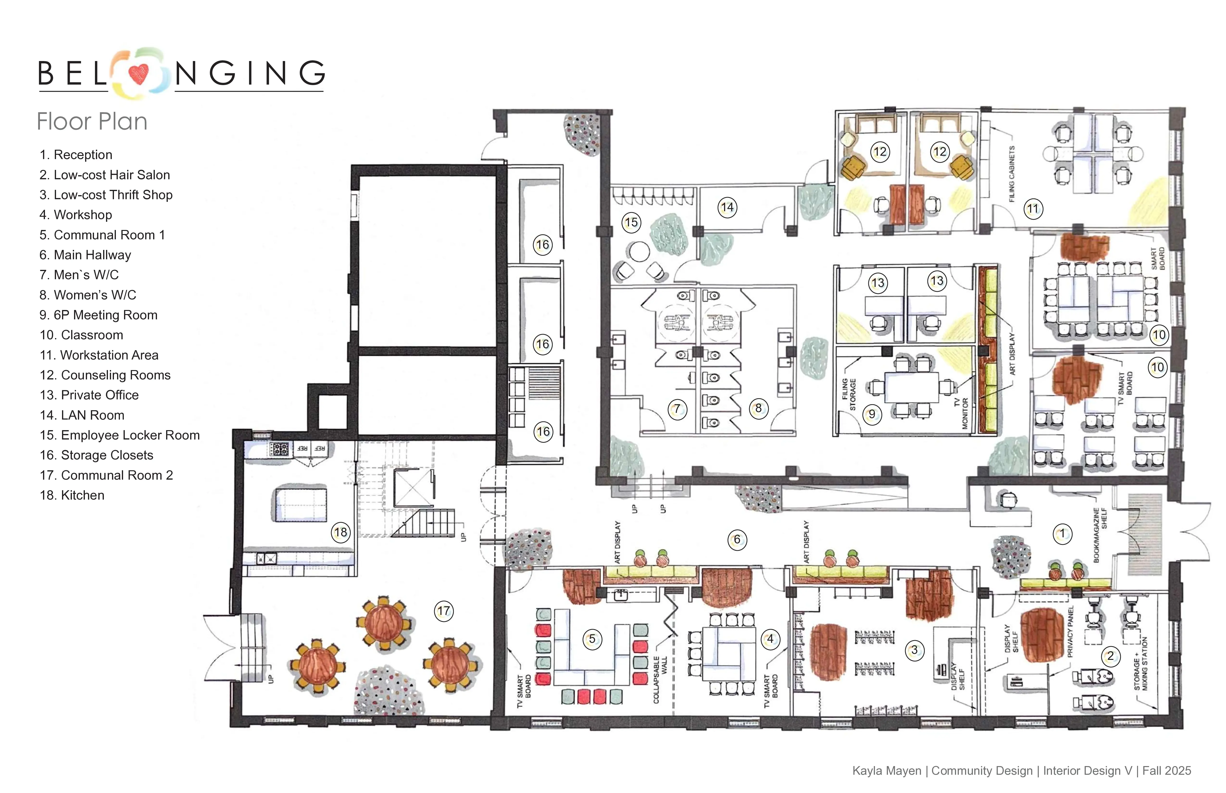 Ground floor plan with 18 labeled rooms including reception, hair salon, thrift shop, communal rooms, kitchen and offices