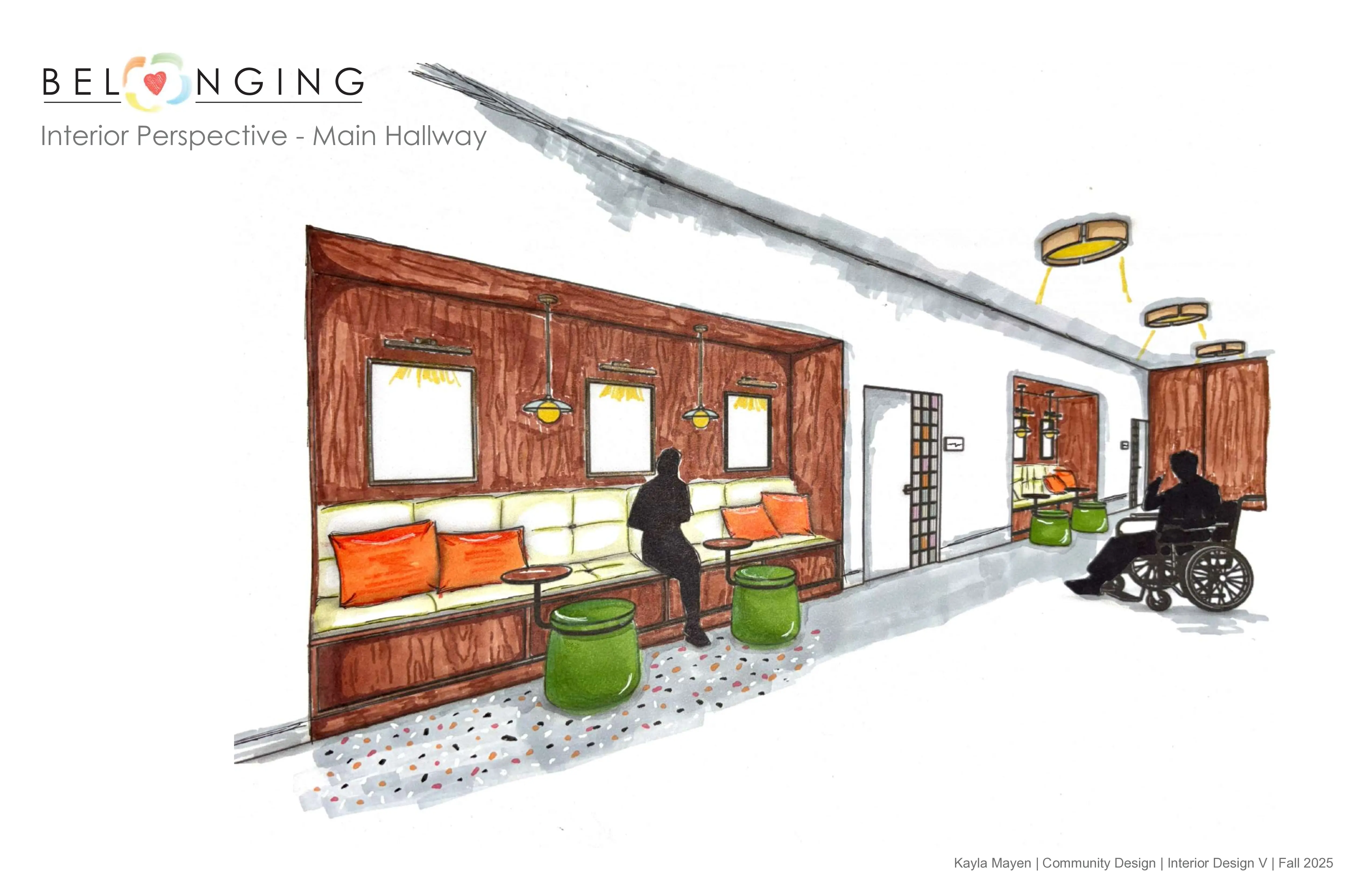 Hand-rendered interior perspective of the main hallway with built-in seating and terrazzo flooring