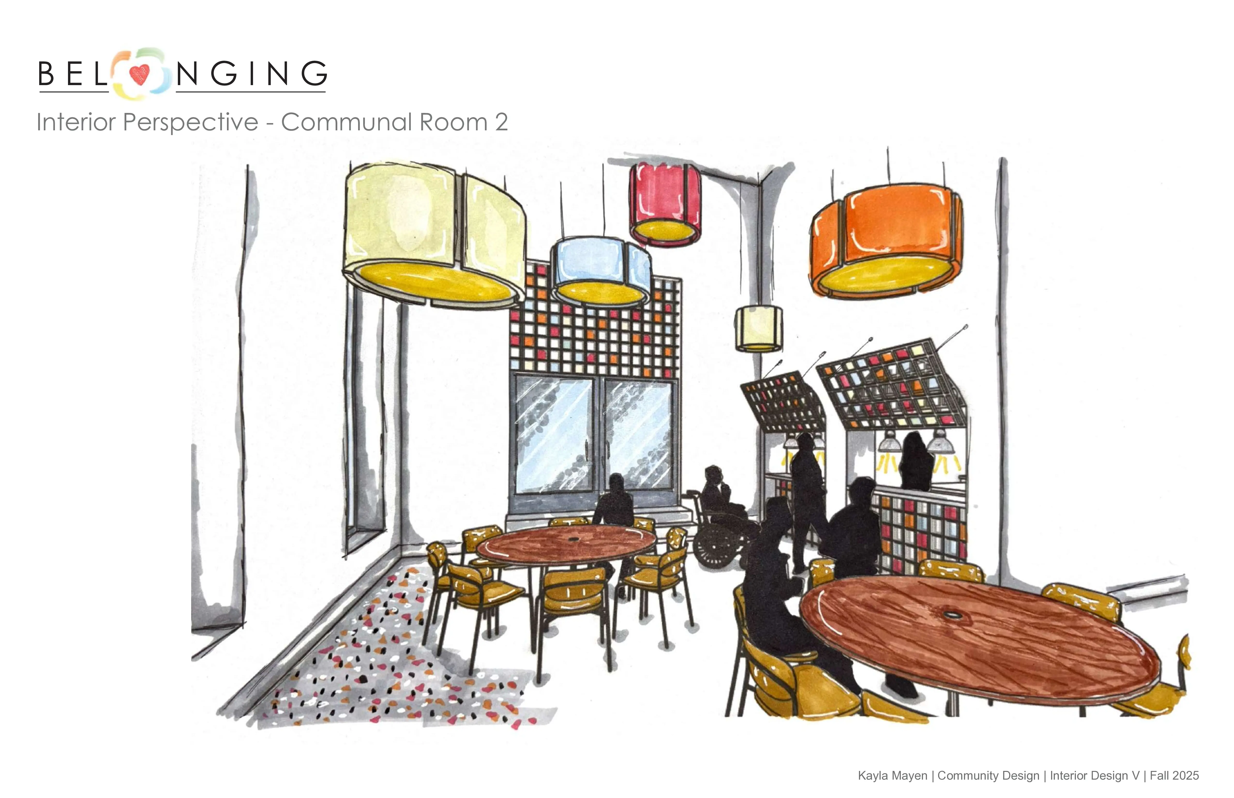 Hand-rendered interior perspective of communal room 2 with colorful drum pendants and mosaic screen wall