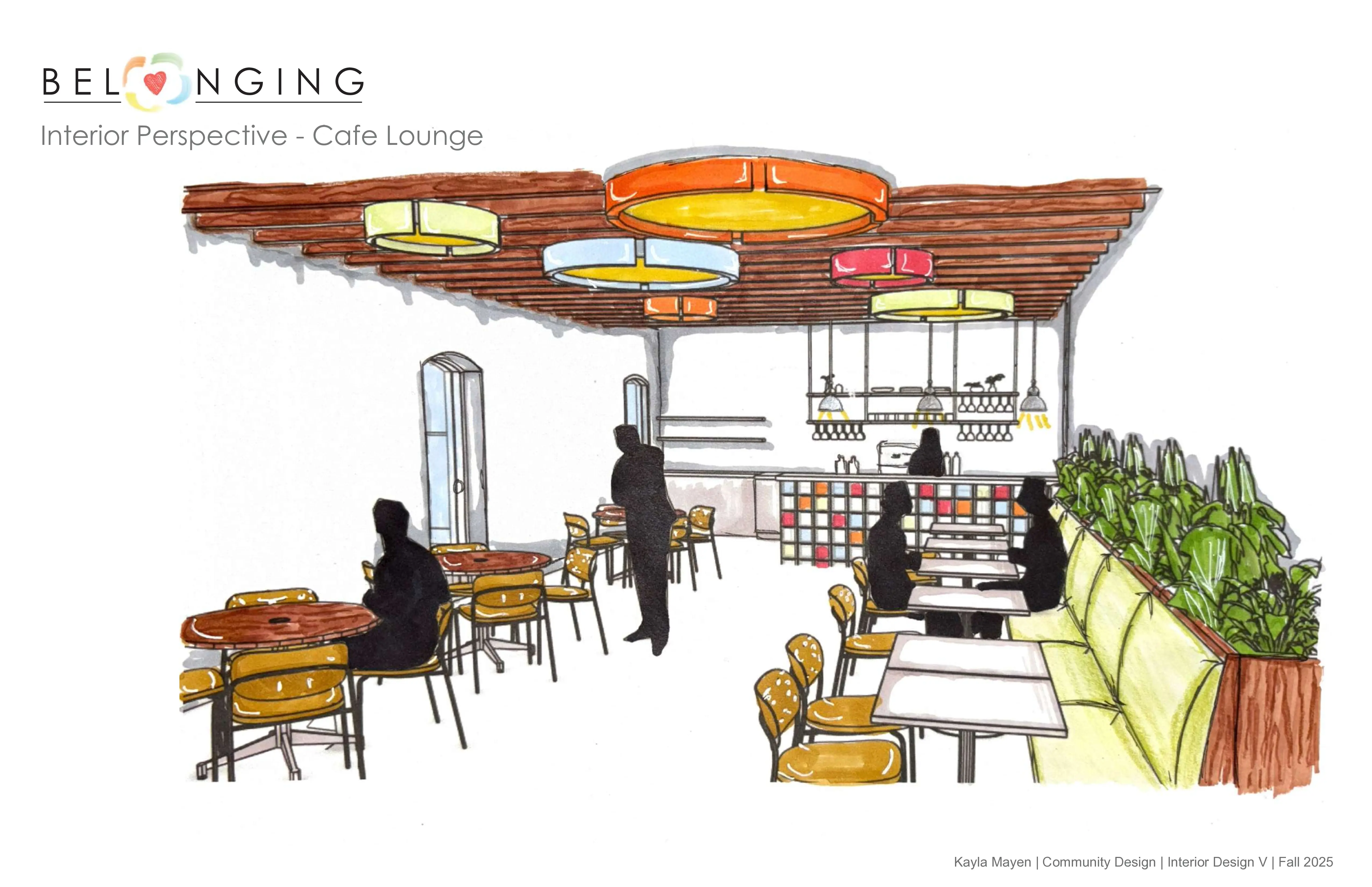 Hand-rendered interior perspective of the mezzanine cafe lounge with wood baffle ceiling and planter wall