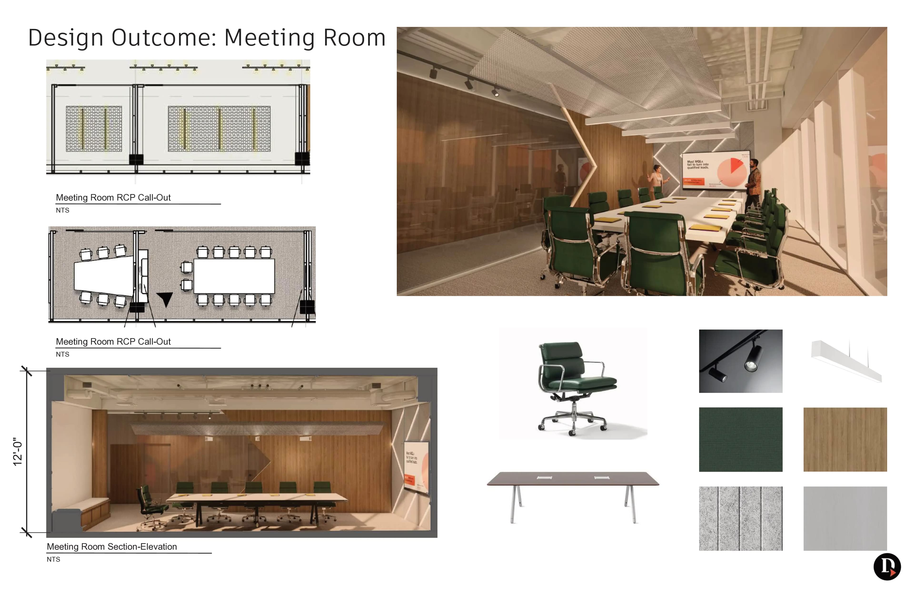 Résultat de design de la salle de réunion avec détails de plafond, plan pour 12 personnes, coupe-élévation, rendu 3D et matériaux
