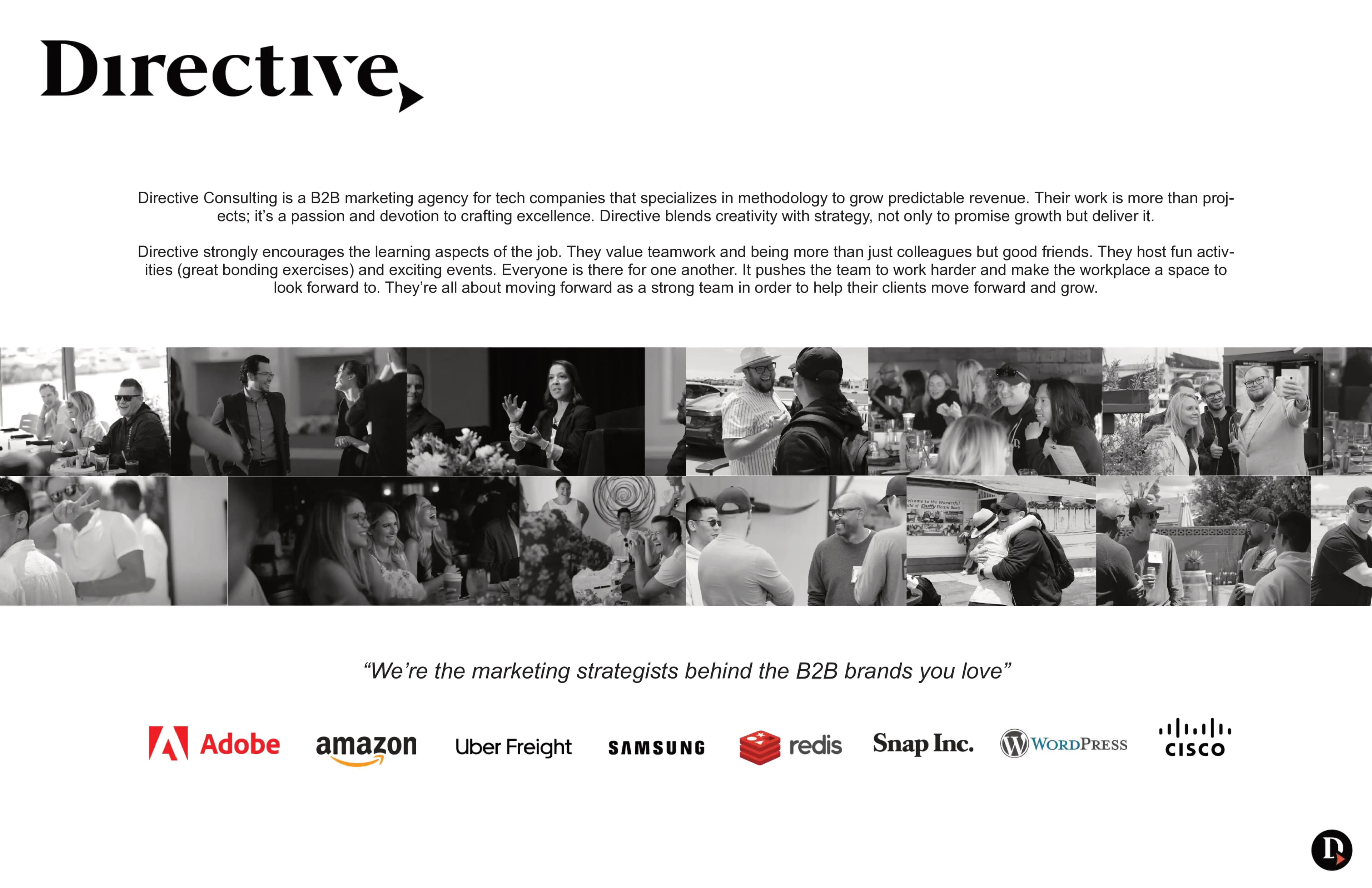 Présentation de Directive Consulting avec photos d'équipe et logos clients