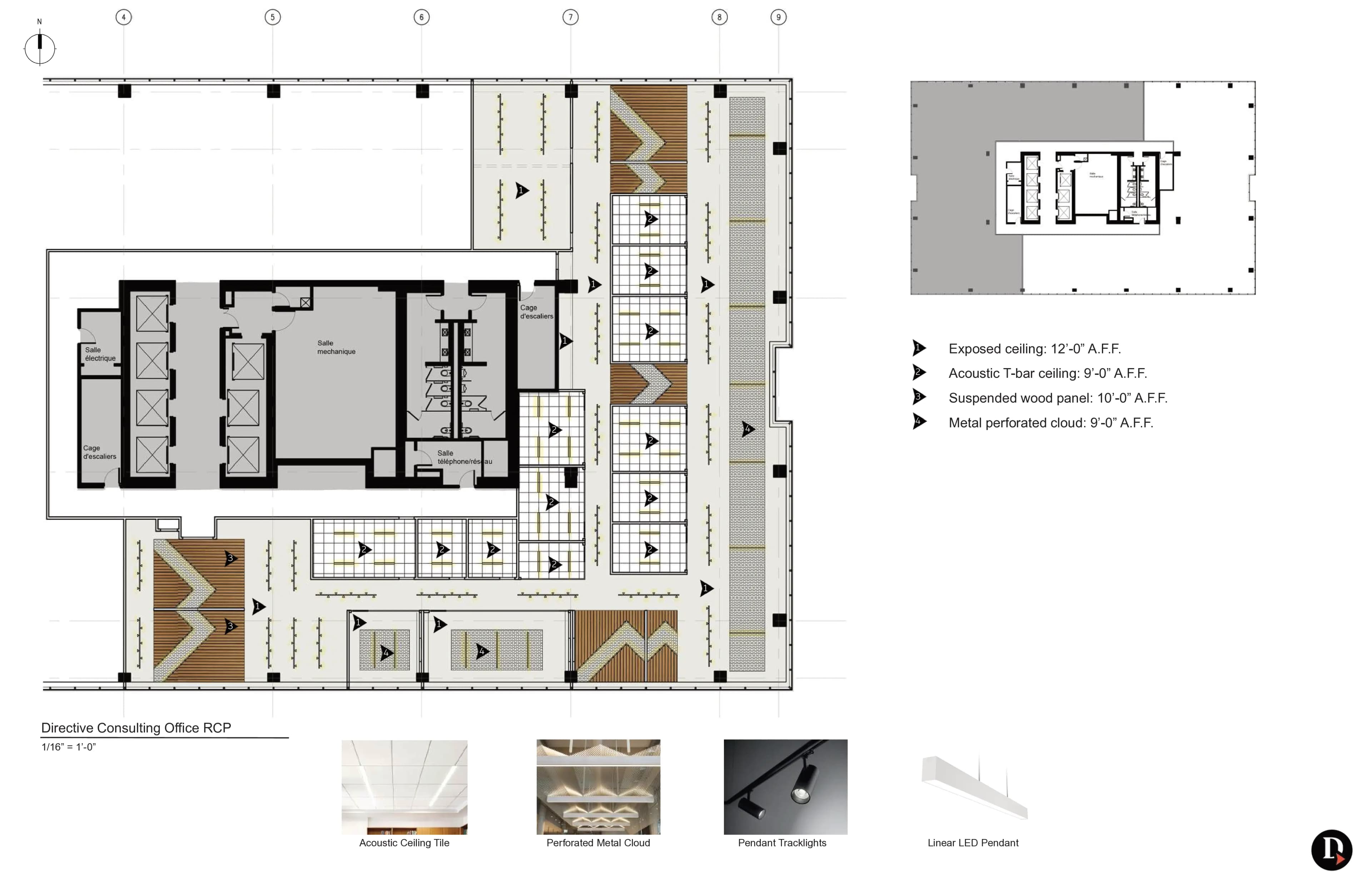 Plan de plafond réfléchi avec types de plafonds et spécifications de luminaires