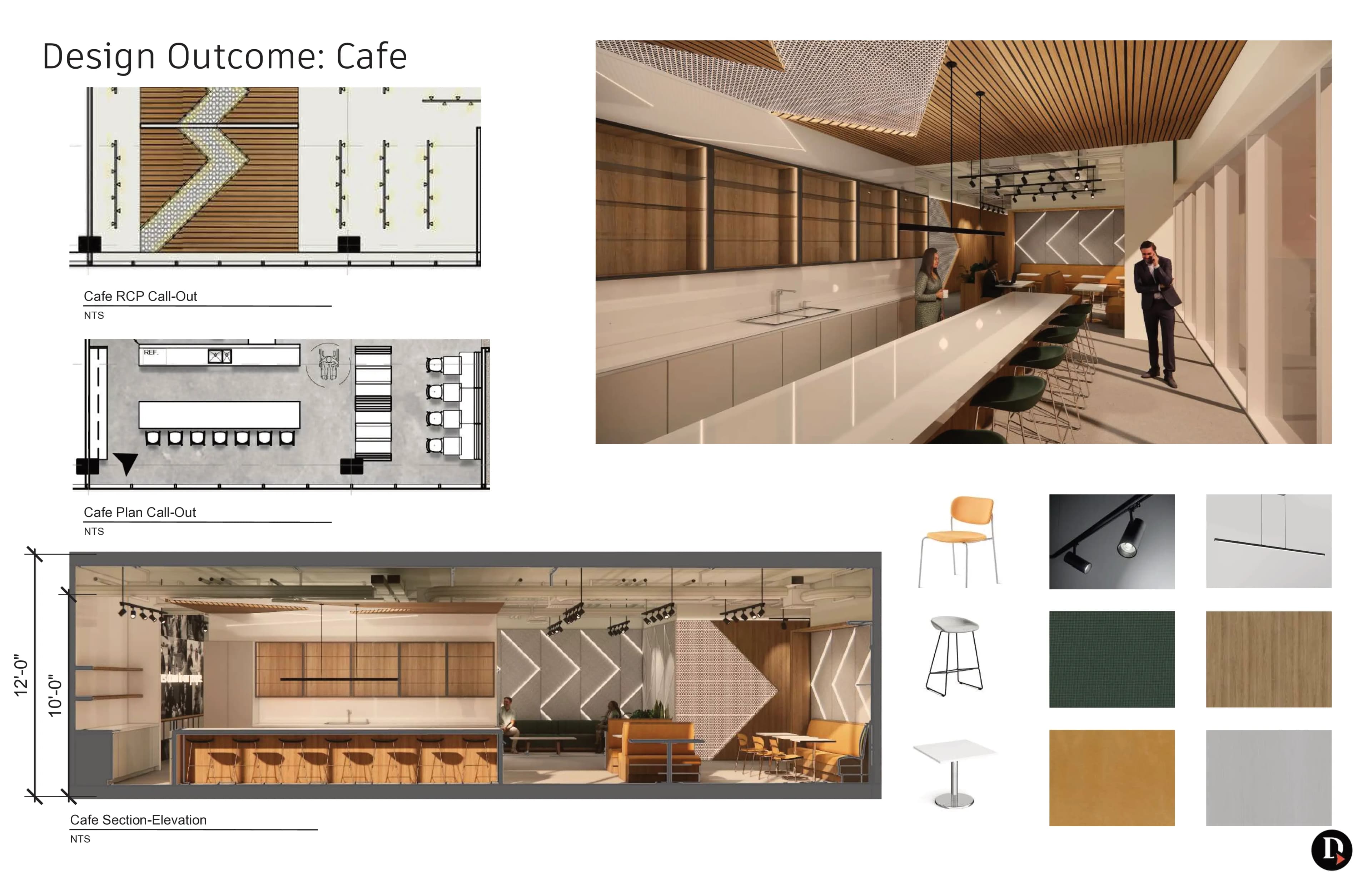 Résultat de design du café avec détails de plafond, plan, coupe-élévation à 12 pieds, rendus 3D et palette de matériaux