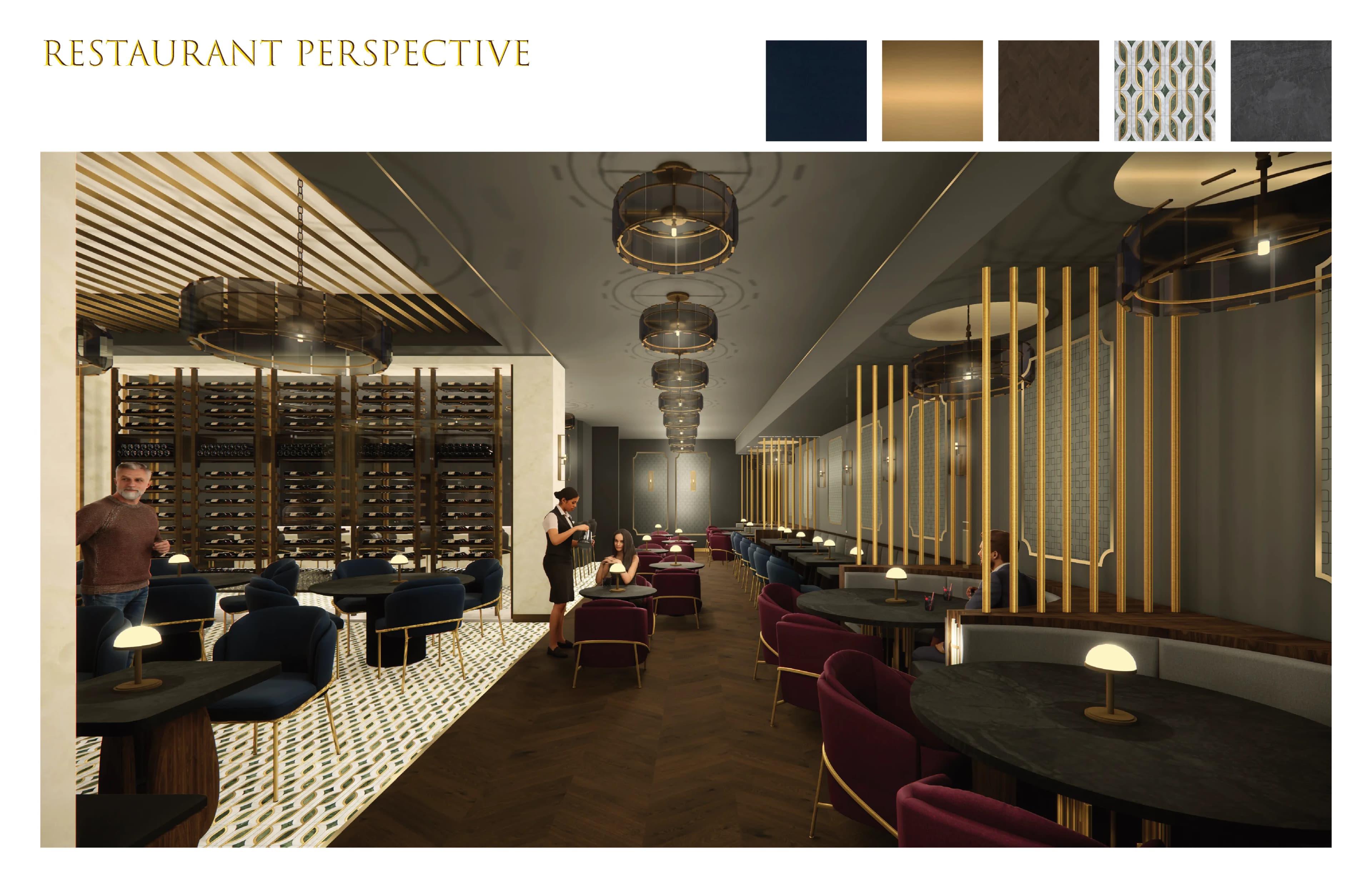 Perspective du restaurant avec cave à vin et luminaires en laiton