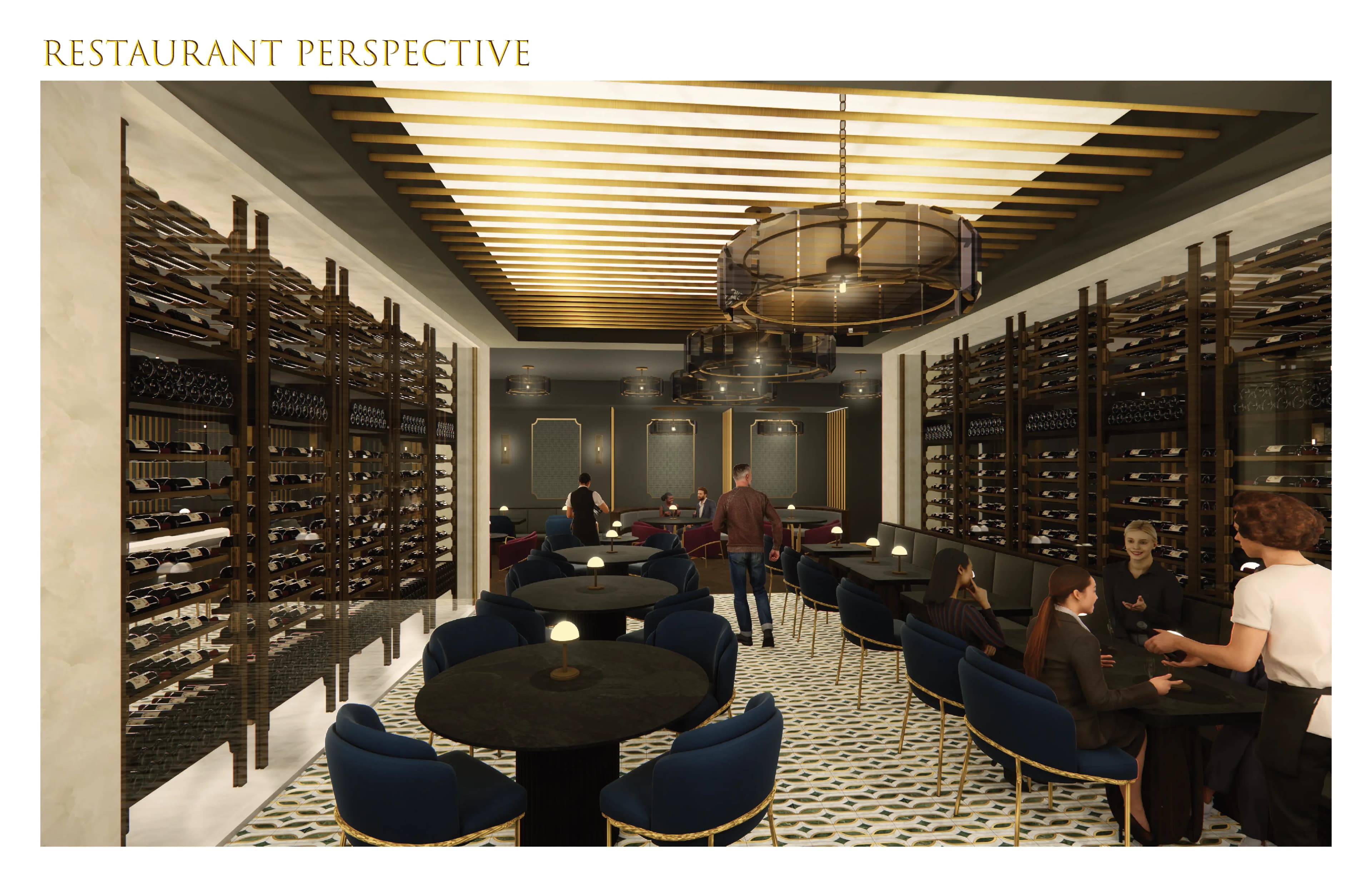 Perspective du restaurant avec étagères à vin et banquettes