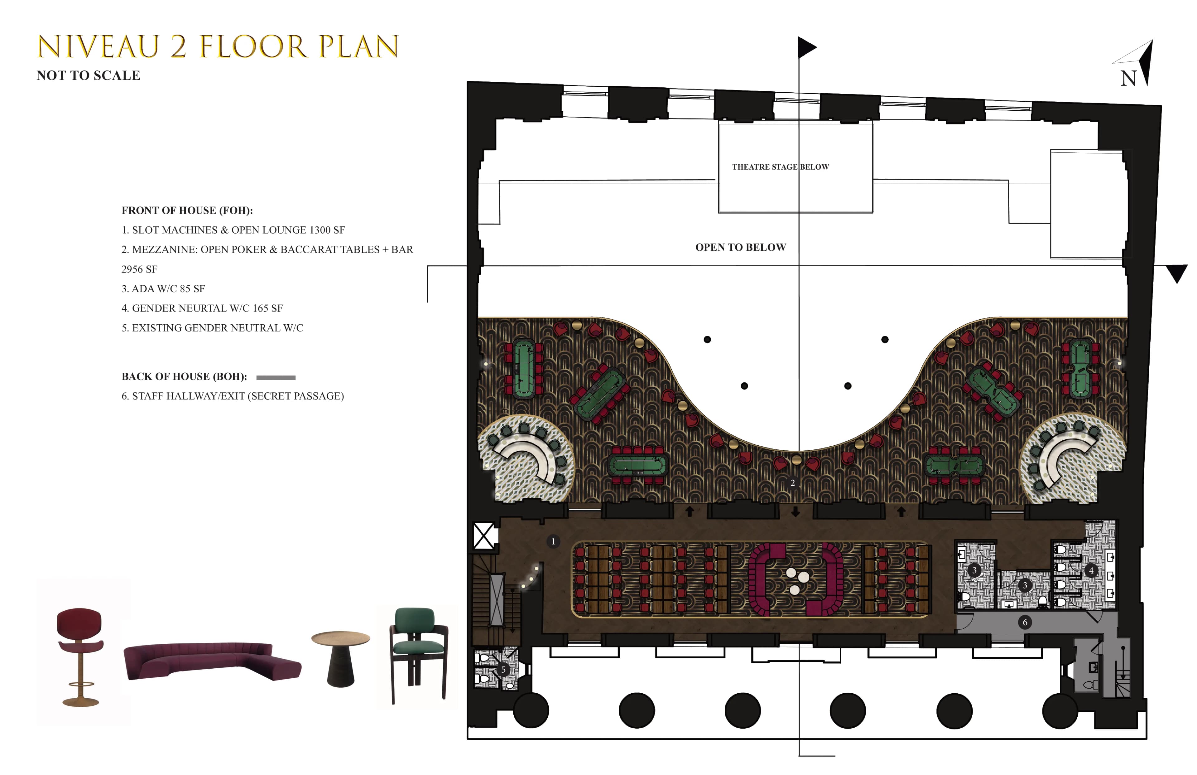 Plan du niveau 2 : machines à sous, poker, baccarat, bar mezzanine