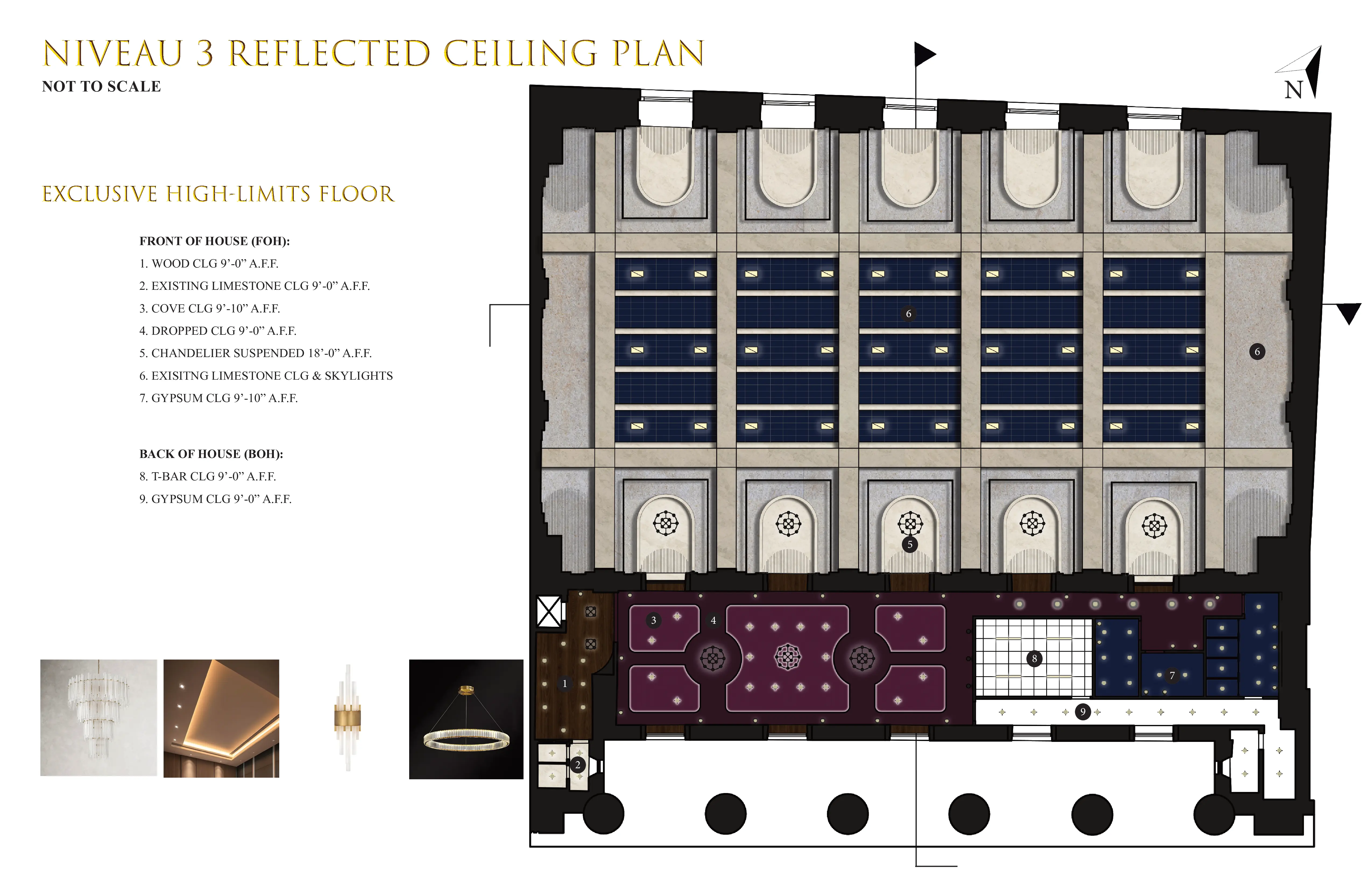Plan de plafond réfléchi du niveau 3 avec puits de lumière et lustre