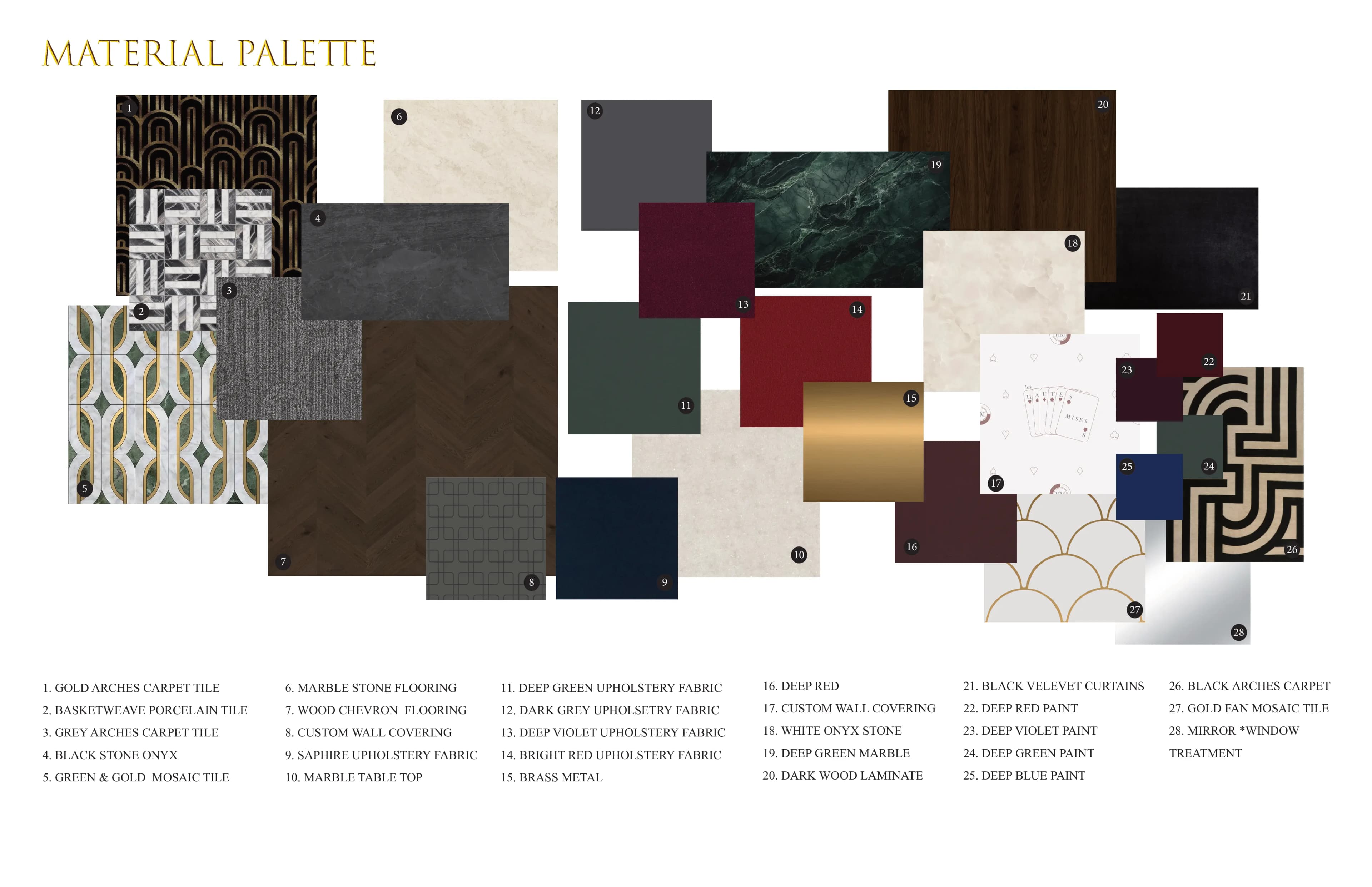 Palette complète, 28 matériaux incluant marbre, laiton, velours, onyx