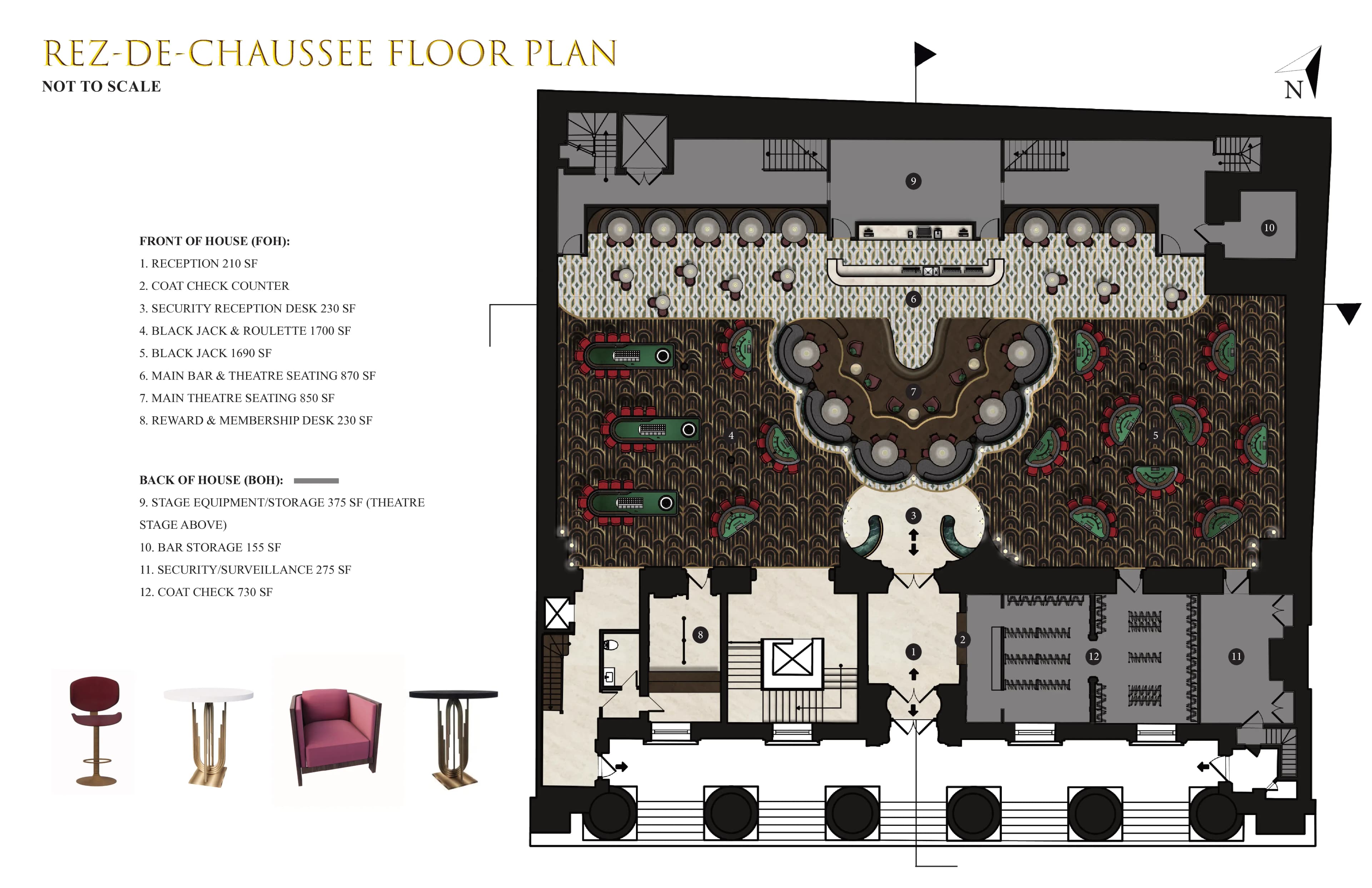 Plan du rez-de-chaussée : réception, tables de jeu, théâtre, bar principal