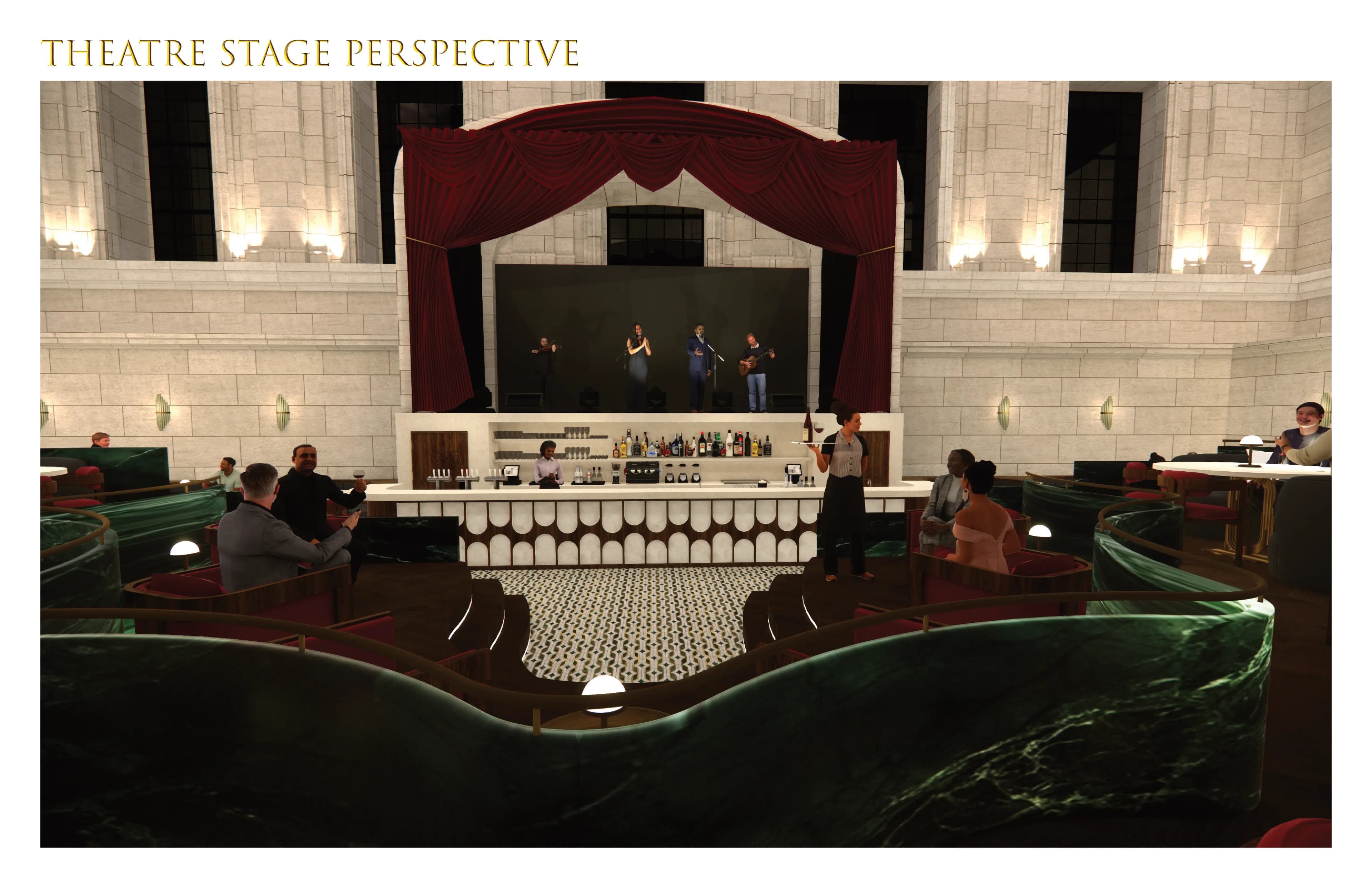 Perspective de la scène de théâtre, rendu 3D avec bar principal