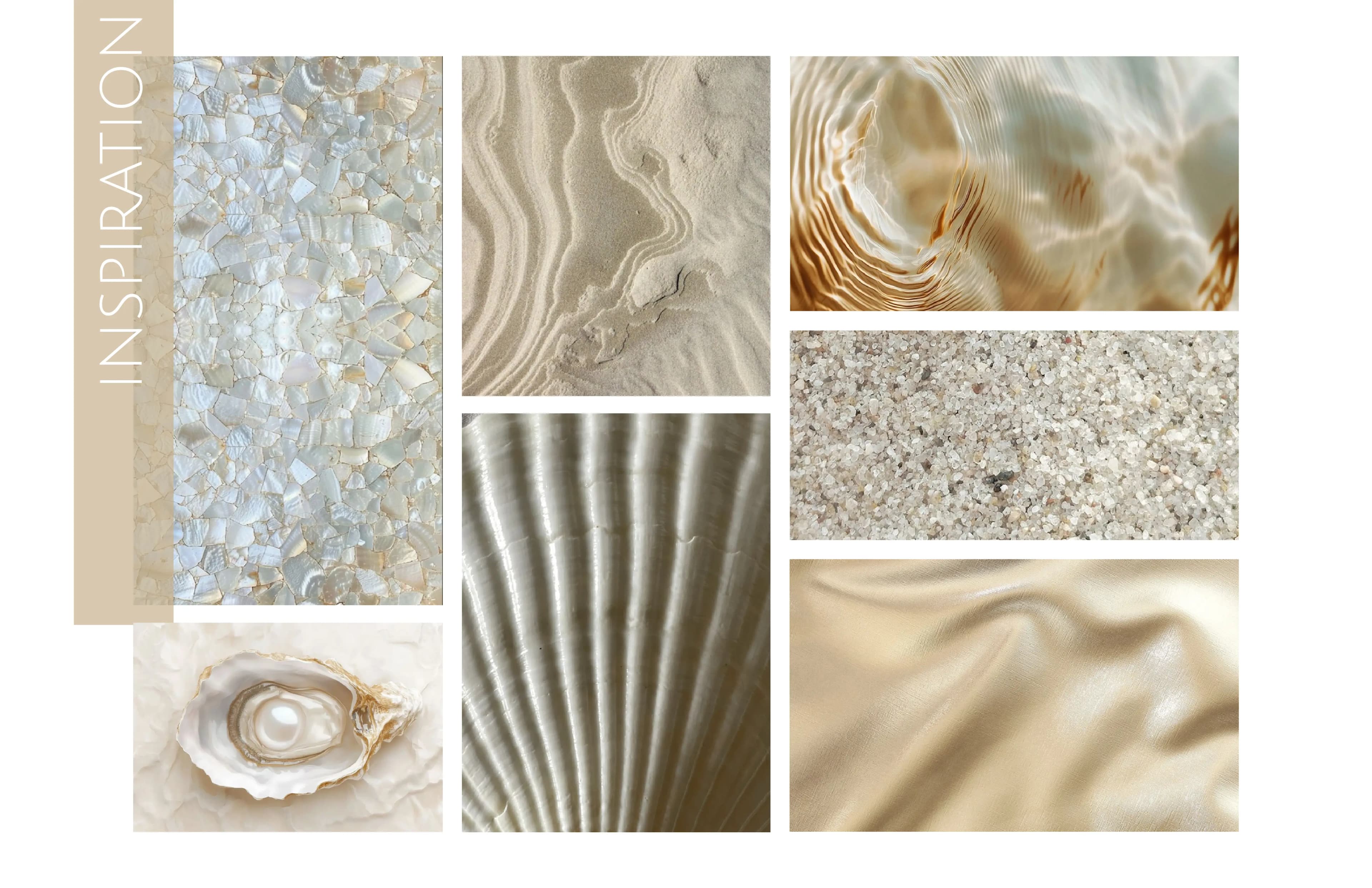 Planche d'inspiration avec coquillages, sable, nacre et textures organiques