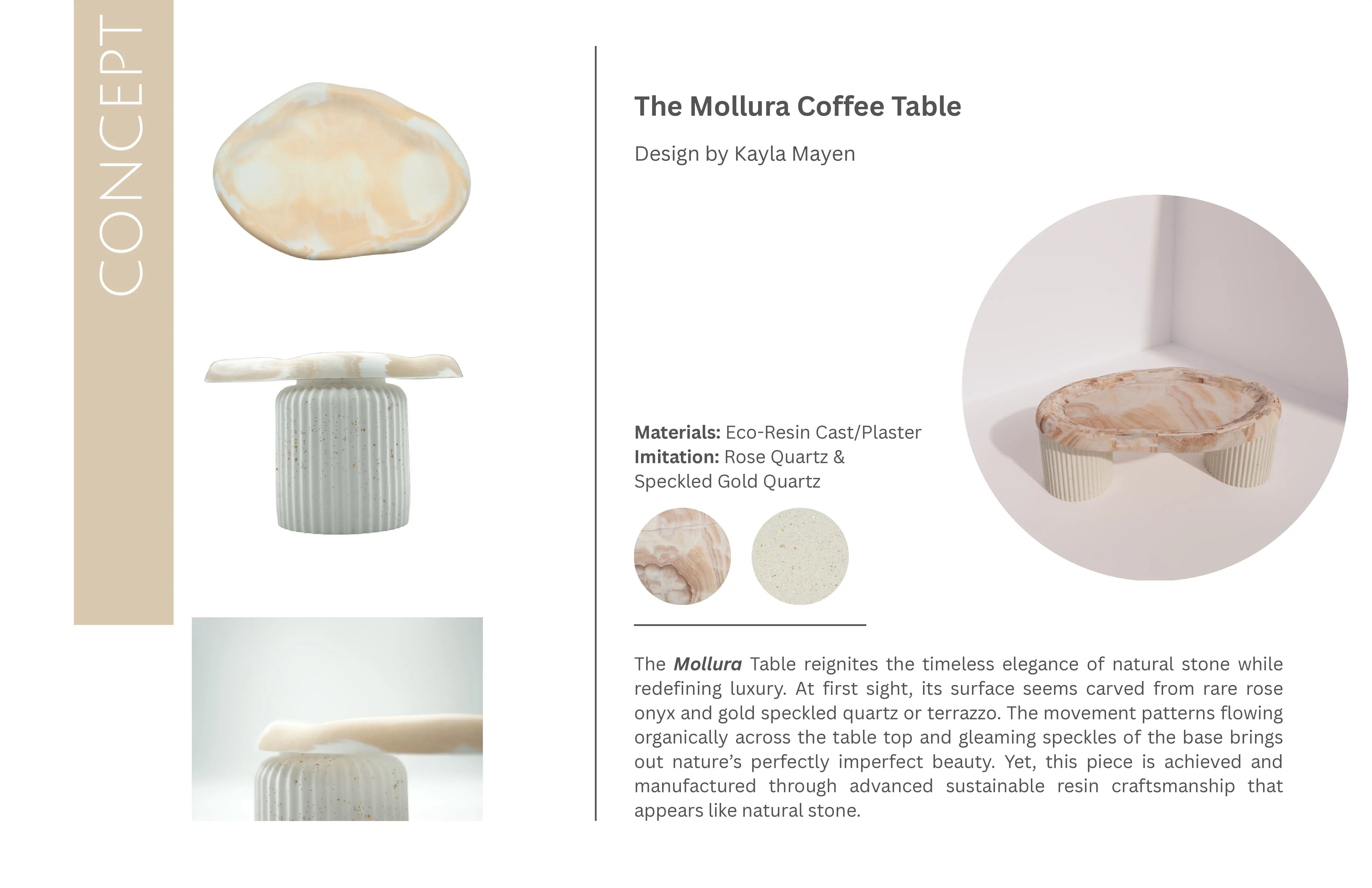 Concept de la table Mollura avec matériaux en éco-résine et plâtre